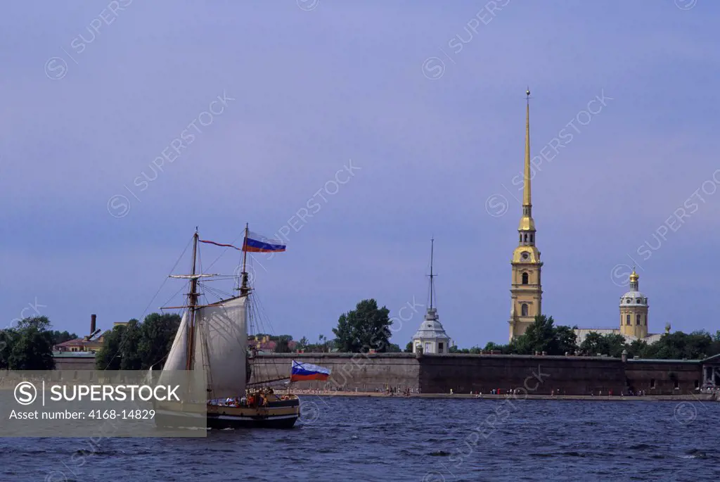 Russia, St. Petersburg, Neva River With Peter And Paul Fortress And Sailing Ship