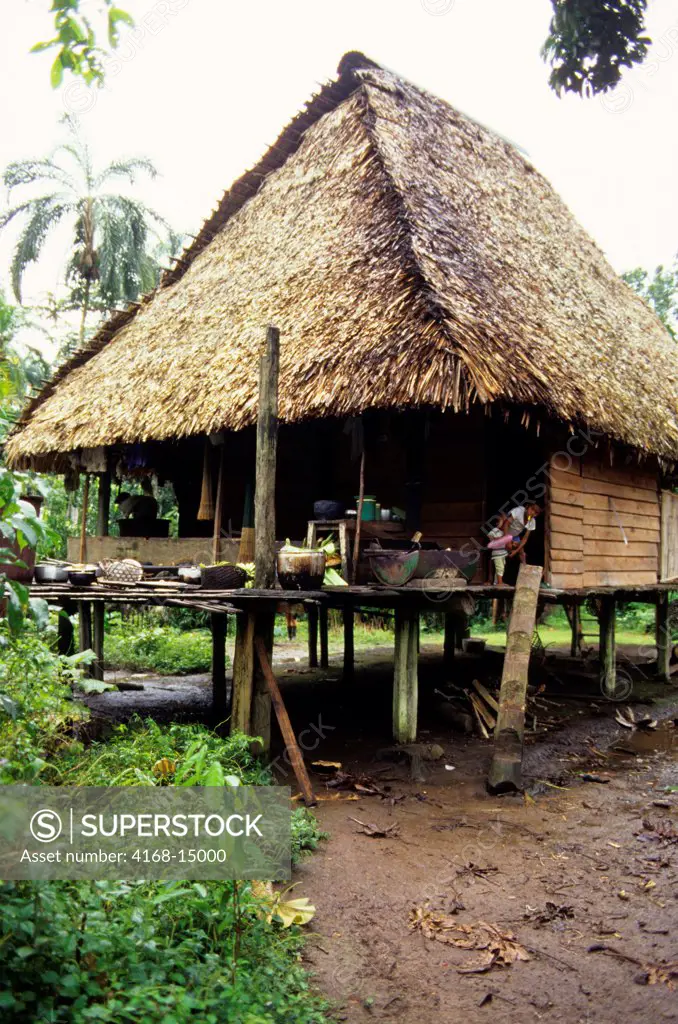 Ecuador, Amazon Rainforest, Rio Napo, Near Coca, House On Stilts