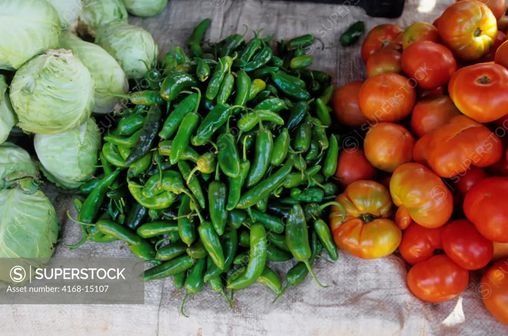 Ethiopia, Bahar Dar, Market Scene, Cabbage, Green Chili Peppers And Tomatoes