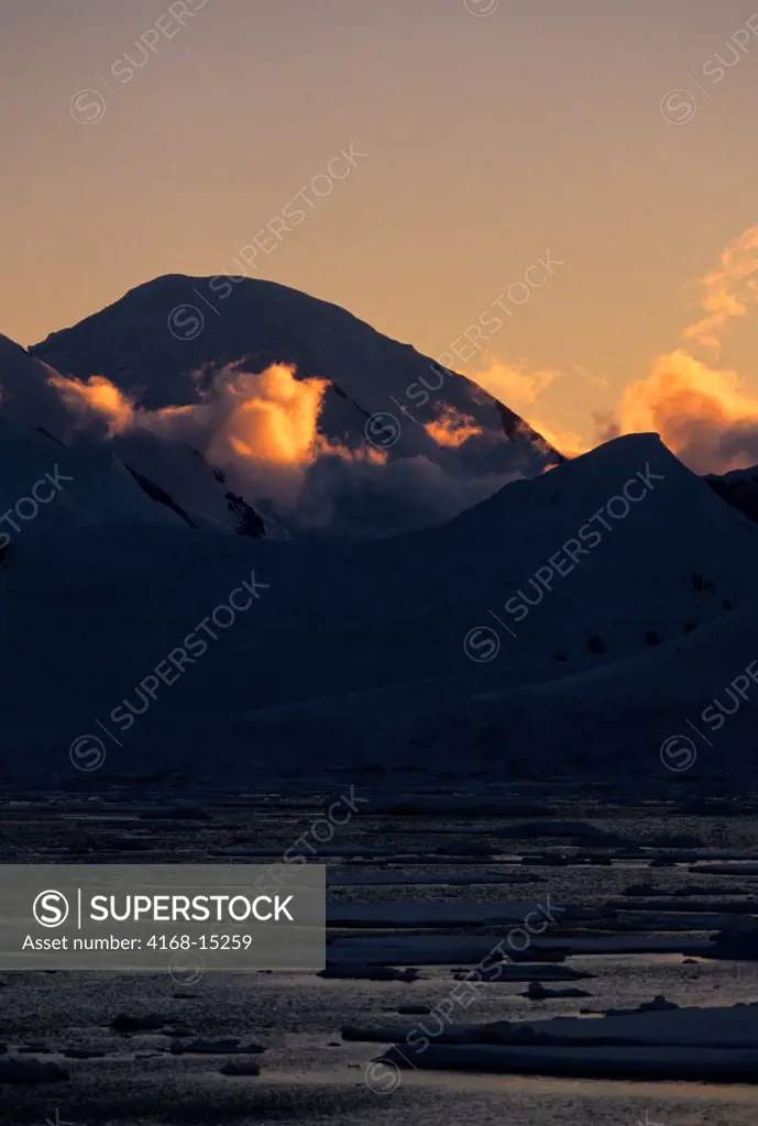Antarctic Peninsula Area, Mountains In Midnight Sunlight