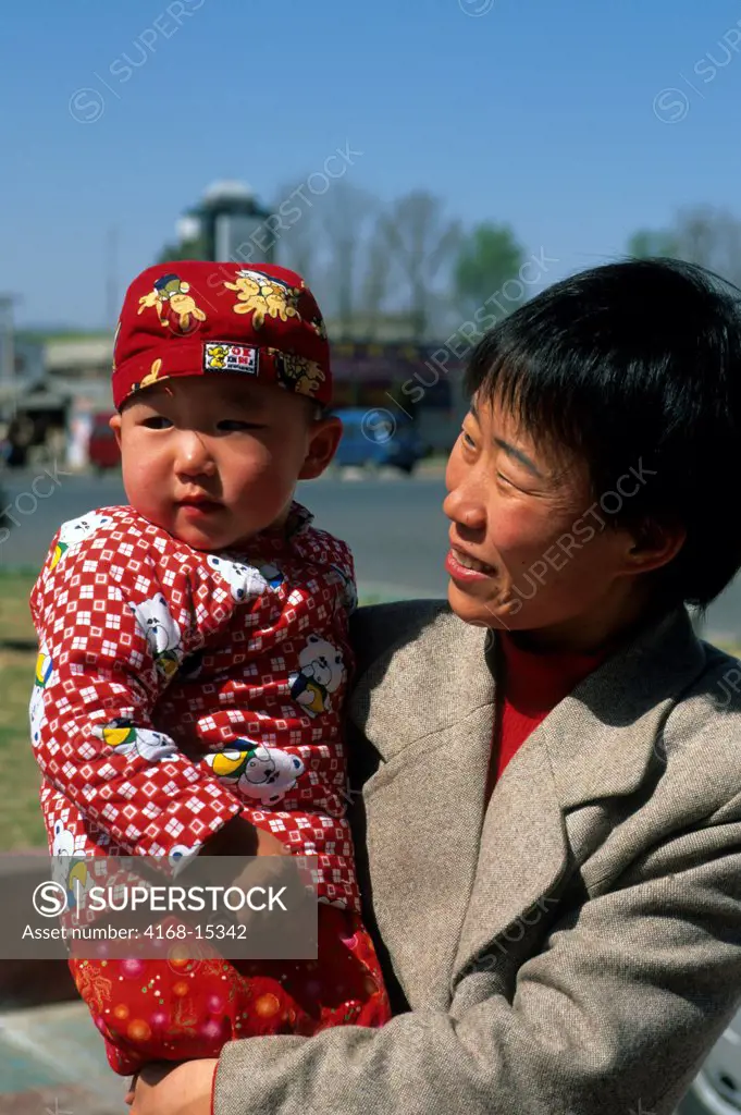 China, Near Beijing, Street Scene, Satellite Town (Suburbs), Mother And Son