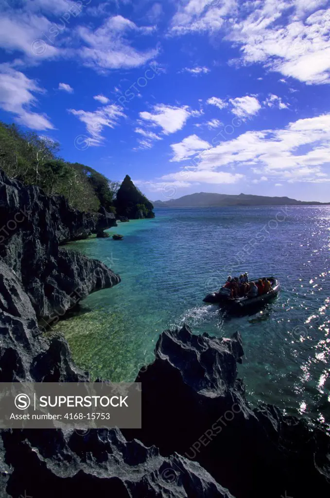 Fiji, Yasawa Group, Sawa-I-Lau Island, Tourists In Zodiac, Rugget Coastline
