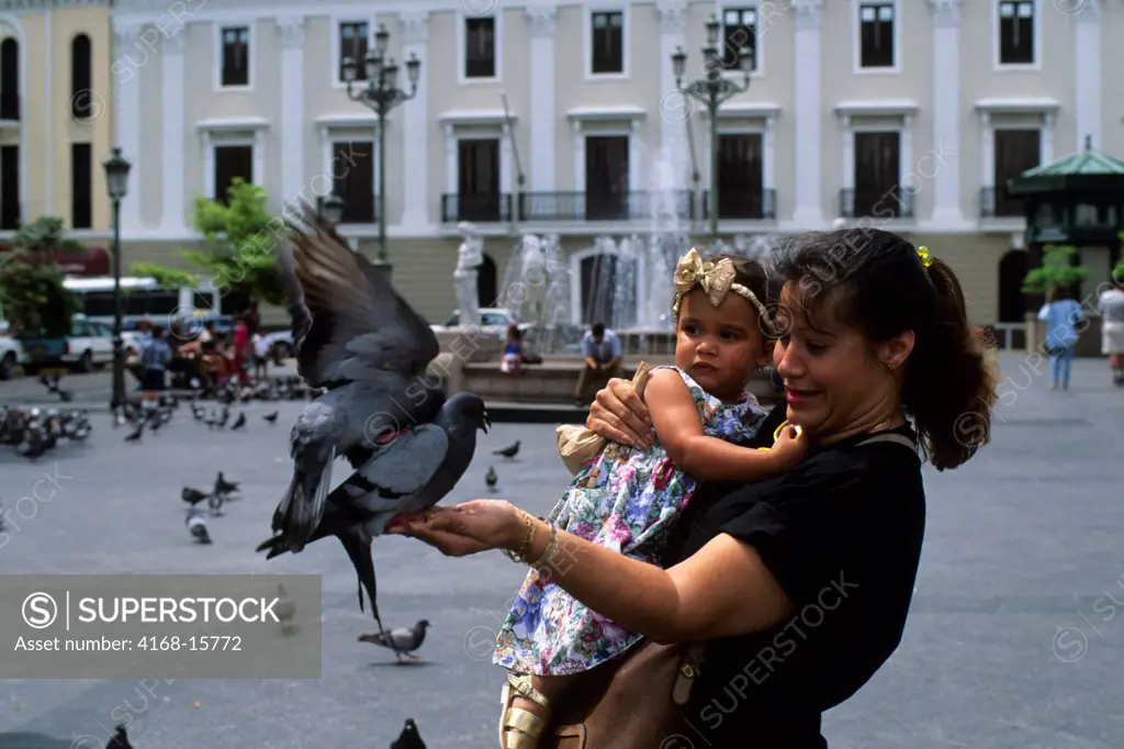 Puerto Rico, Old San Juan, Plaza De Armas, People Feeding Pigeons