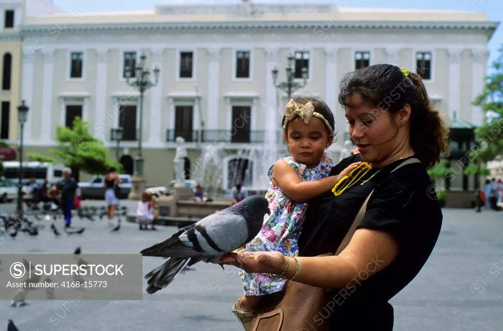 Puerto Rico, Old San Juan, Plaza De Armas, People Feeding Pigeons