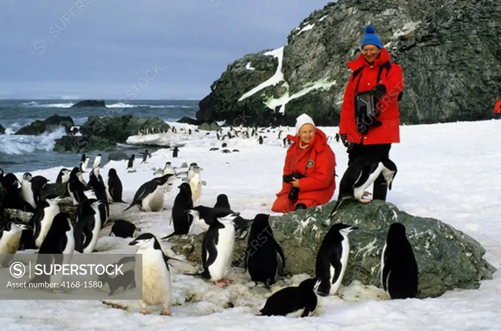 ANTARCTICA, NELSON ISLAND, SOUTH  SHETLAND ISLANDS, TOURISTS WATCHING CHINSTRAP PENGUINS--RELEASE 43/44