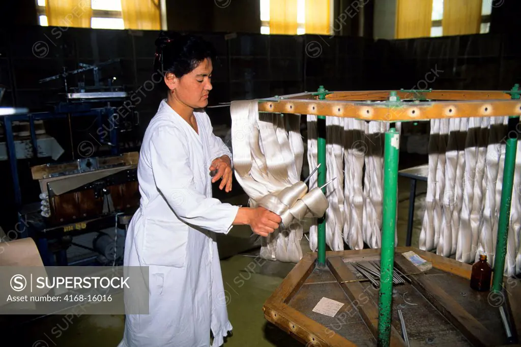 Uzbekistan, Urganch, Silk Factory, Woman Working With Raw Silk