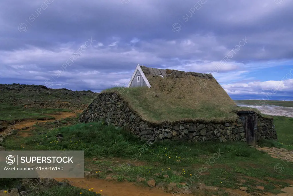 Iceland, Interior, Hveravellir Hot Springs Area, Hut With Sod Covered Roof