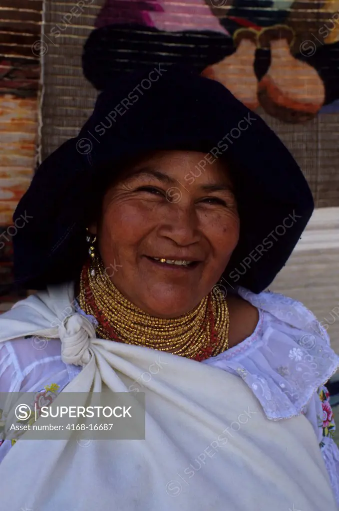 Ecuador, Highlands, Saquasili Market, Otavalo Indian Woman, Portrait