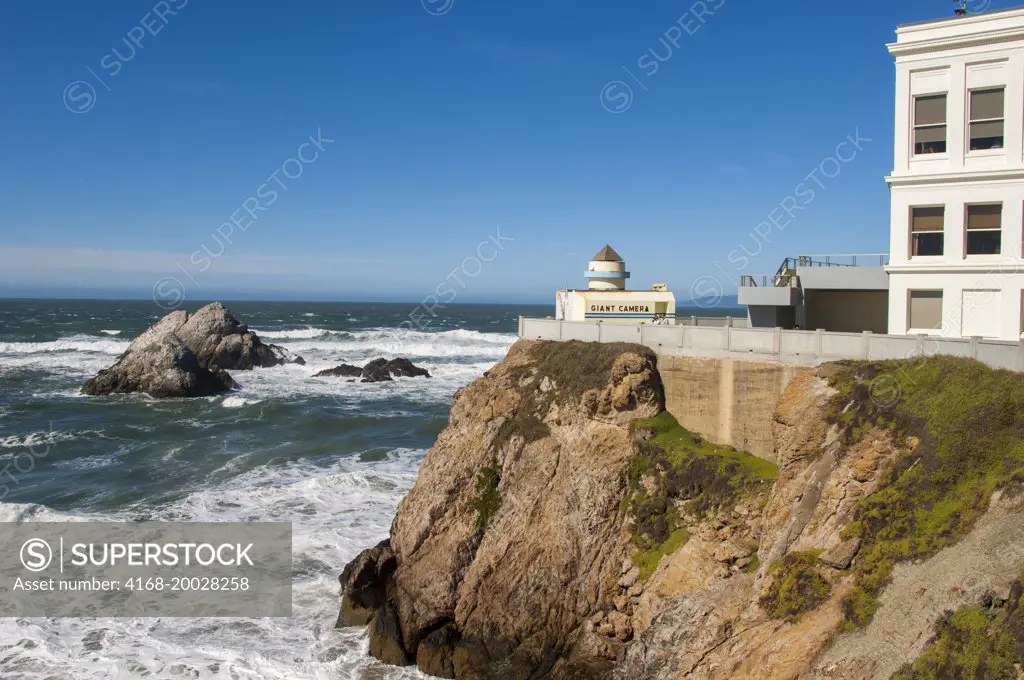 View of the coastline with the Cliff House restaurant outside of San Francisco, California, USA.