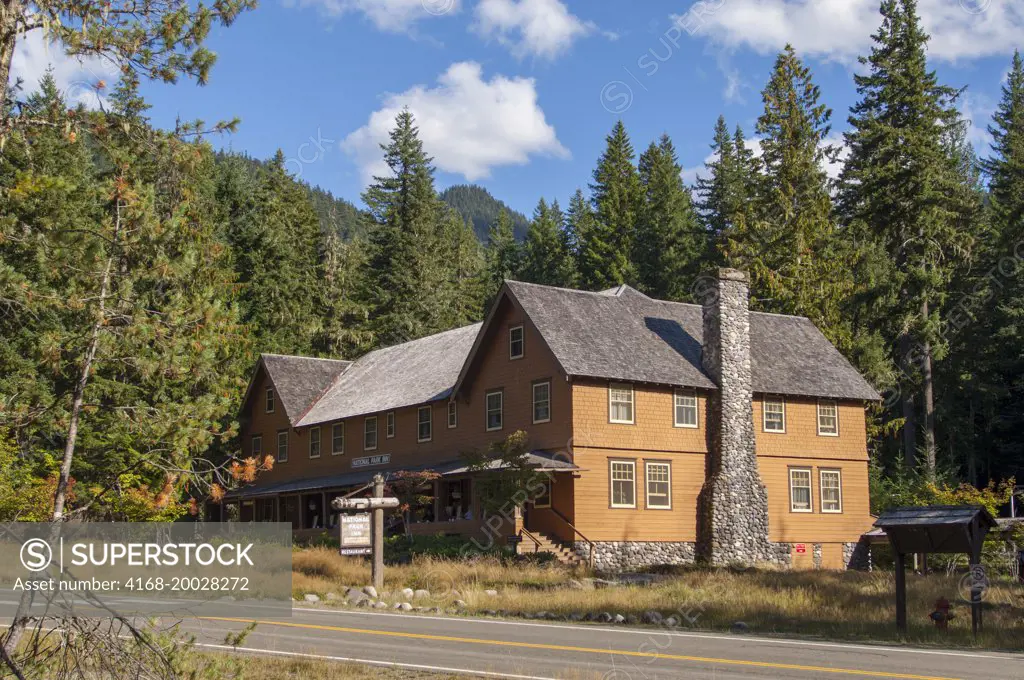 The National Park Inn located in the Longmire Historic District of Mount Rainier National Park in Washington State, USA.