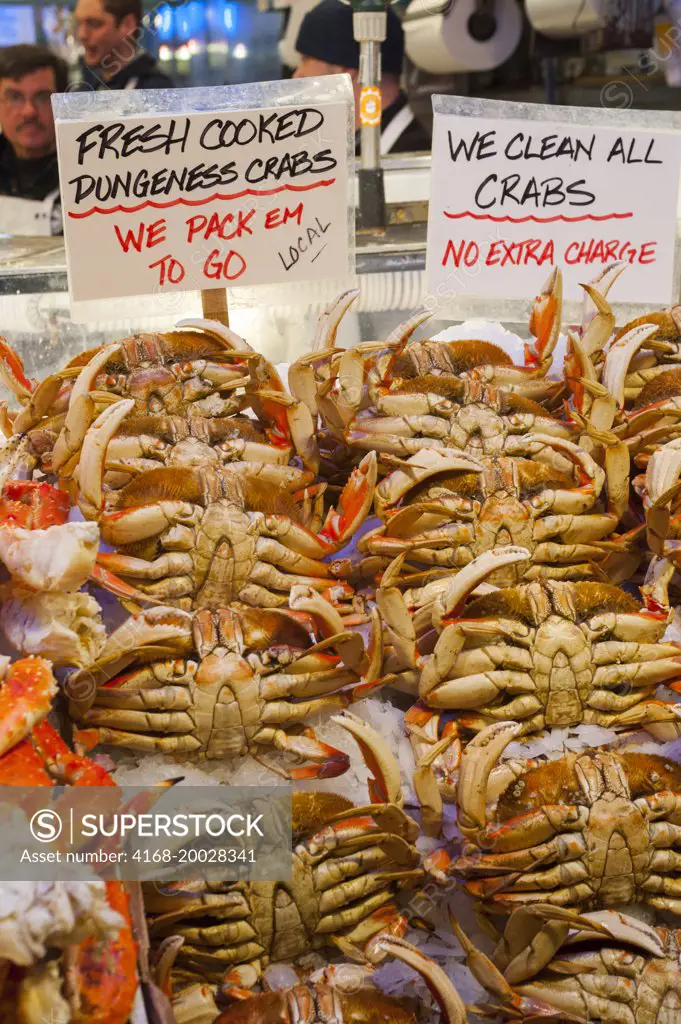 Close-up of the display of Dungeness crab at the Pike Place Market in Seattle, Washington State, USA.