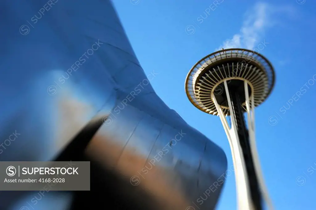 Usa, Washington State, Seattle, Lensbaby Photography, Seattle Center, Experience Music Project By Frank O. Gehry, Detail Of Architecture, Space Needle