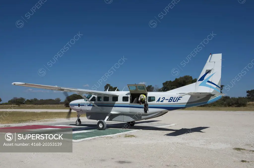 Cessna 208 Caravan at the landing strip of Vumbura Plains in northern part of Botswana.