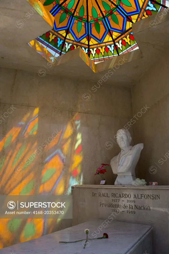 Grave of Dr. Raul Ricardo Alfonsin, former President, on La Recoleta Cemetery, a cemetery located in the Recoleta neighbourhood of Buenos Aires in Argentina. It contains the graves including Eva Perón, presidents of Argentina, Nobel Prize winners, and of other notable people.