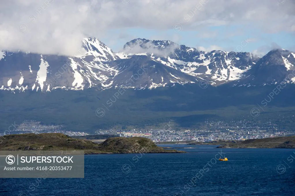 View of Ushuaia, the capital of Tierra del Fuego in Argentina, from the Beagle Channel.
