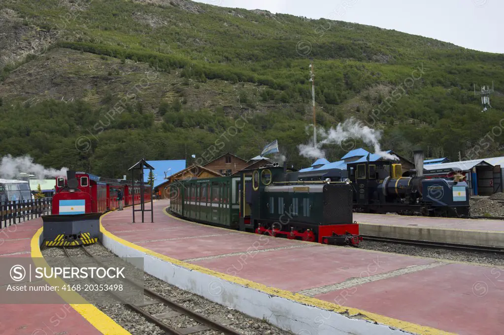 Trains at the station for the End of the World Railroad in Ushuaia, the capital of Tierra del Fuego in Argentina.
