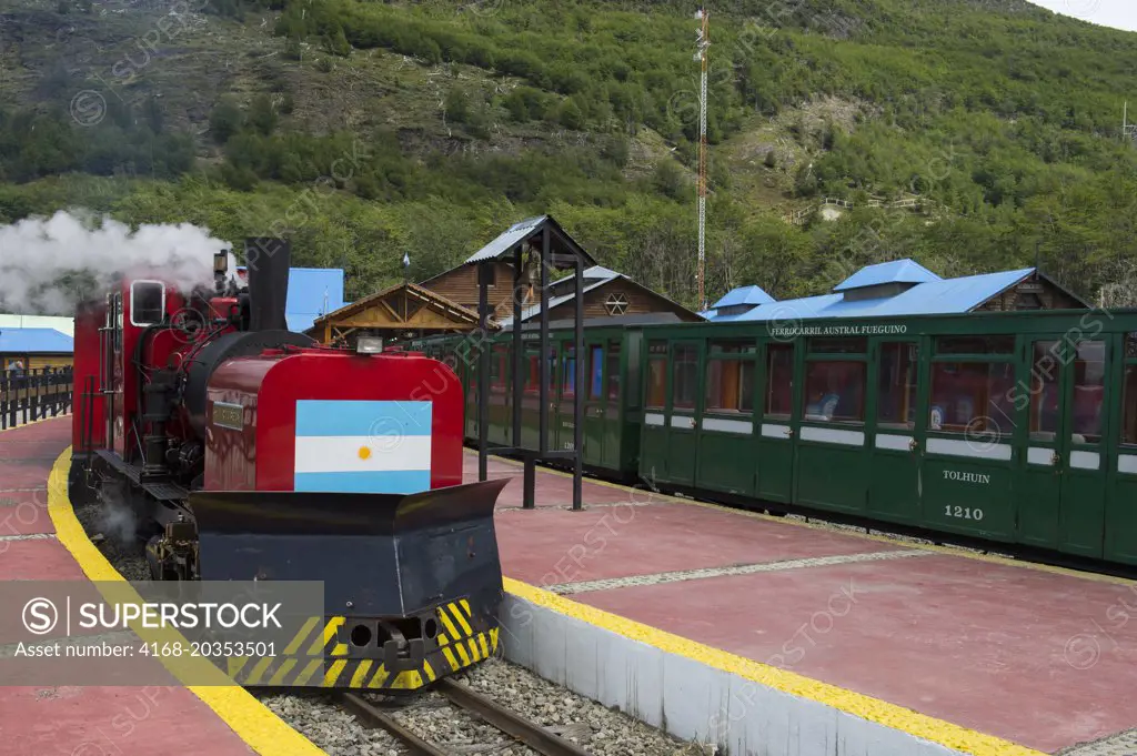 Trains at the station ot the End of the World Railroad in Ushuaia, the capital of Tierra del Fuego in Argentina.
