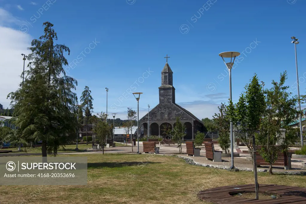 The wooden Church of Santa María de Loreto de Achao (built in 1730), a UNESCO World Heritage Site, in Achao on the island of Quinchao, Chiloe Island, Chile.