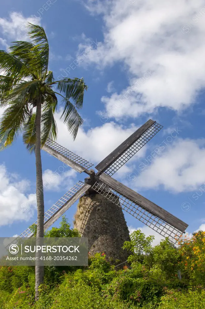 The windmill at the Morgan Lewis Sugar Mill in the interior of Barbados, an island in the Caribbean.