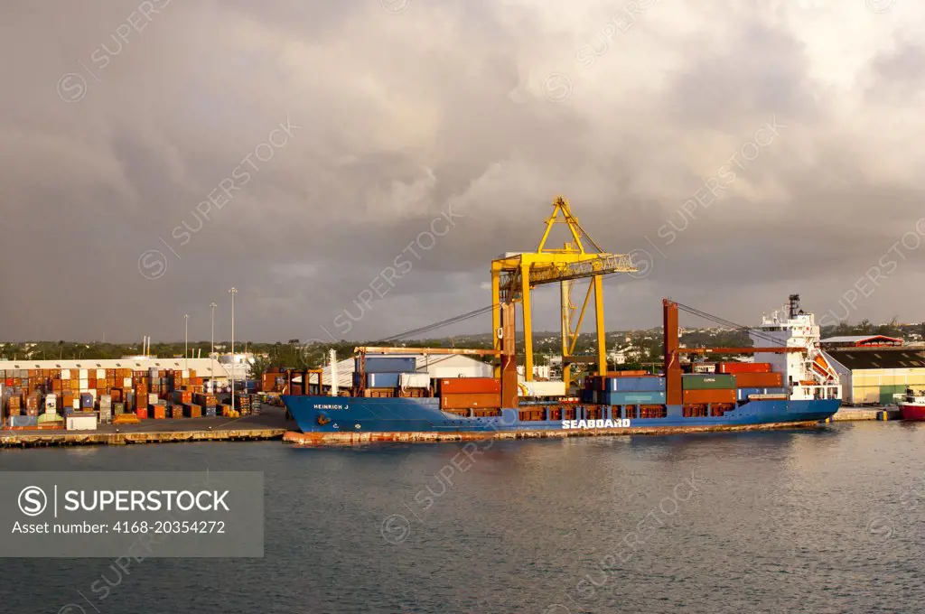 Container ships in the harbor of Bridgetown, the capital city of Barbados, an island in the Caribbean.