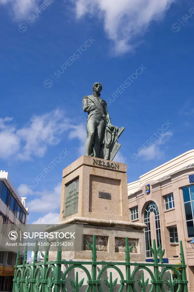 Statue of Lord Horatio Nelson in Bridgetown, the capital city of Barbados, an island in the Caribbean.  Lord Nelson is a British naval hero who defeated Napoleons fleet at the Battle of Trafalgar in 1805.