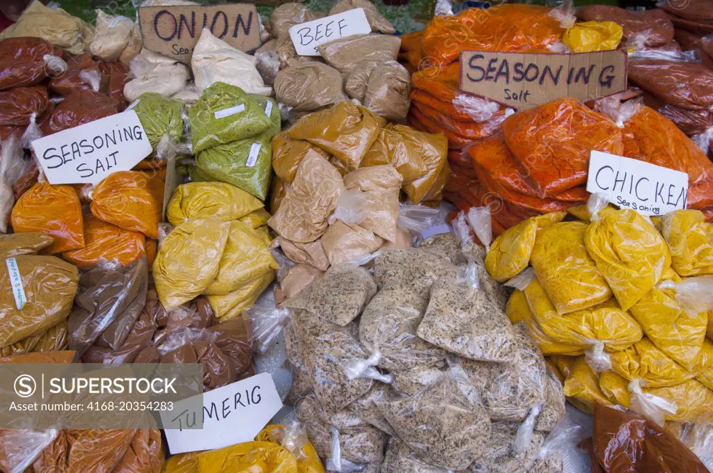 Street scene with spices for sale in Bridgetown, the capital city of Barbados, an island in the Caribbean.