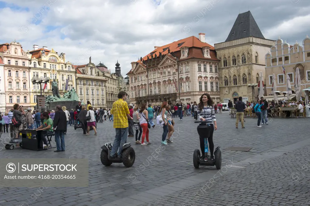 People on Segway on the Old Town Square of Prague, the capital and largest city of the Czech Republic.