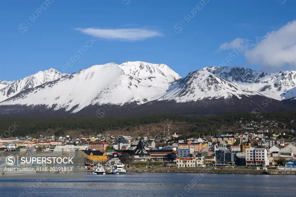 View of Ushuaia, the capital of Tierra del Fuego in Argentina, from the Beagle Channel.