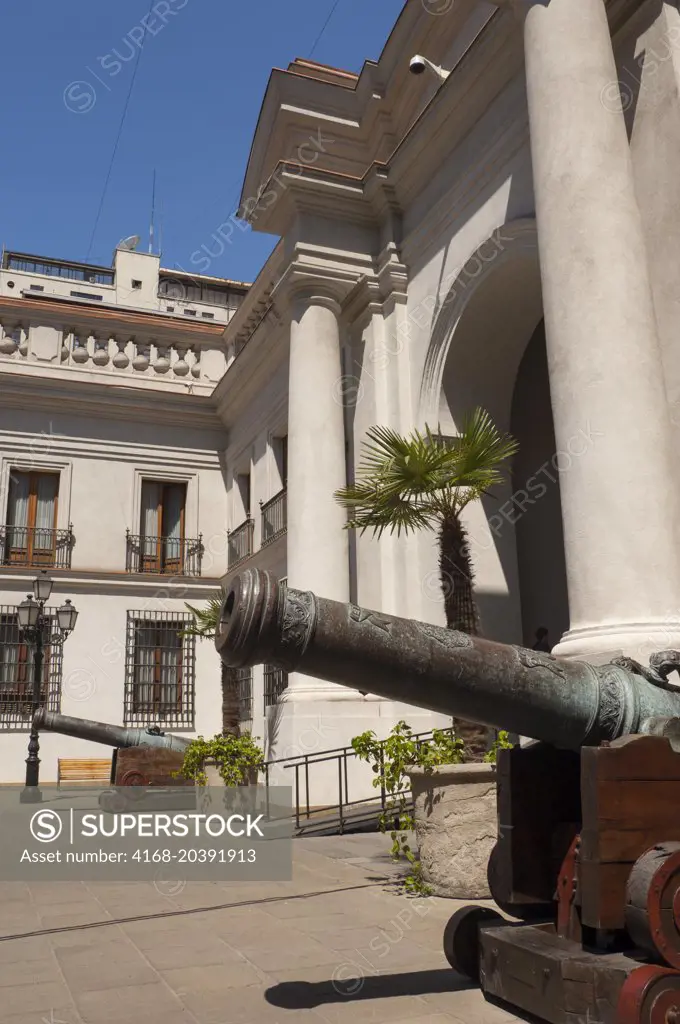 A cannon at the entrance to the parliament in downtown Santiago, Chile.