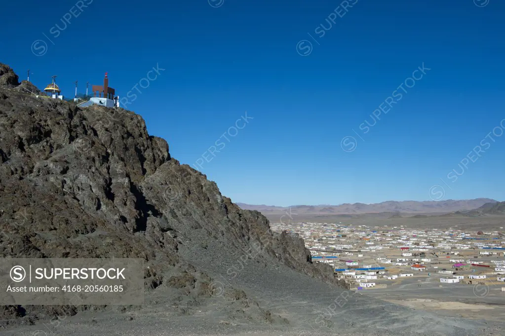 The monument to the 75th anniversary of the Bayan-Ulgii Province above the city of Ulgii (Ölgii) in western Mongolia.