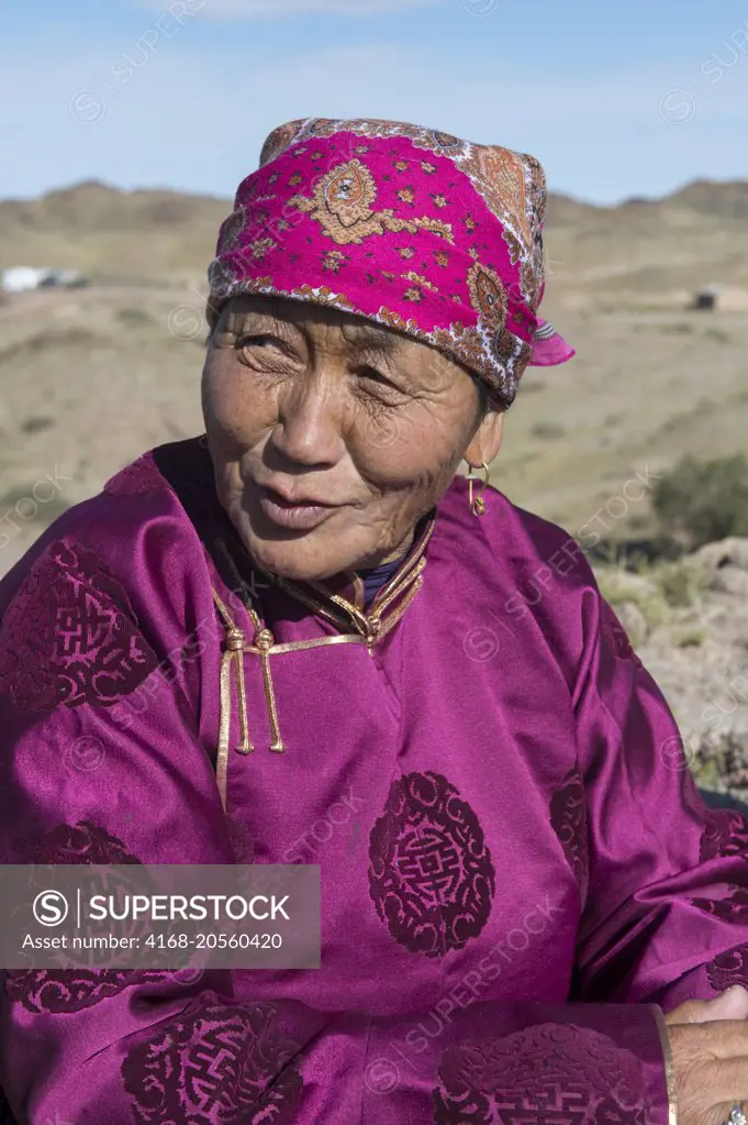 Portrait of a Mongolian senior woman during an outing to the Ongiin Khiid monastery in central Mongolia.