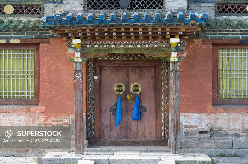 Prayer scarves on the door to the Temple of Dalai Lama at the Erdene Zuu monastery in Kharakhorum (Karakorum), Mongolia.