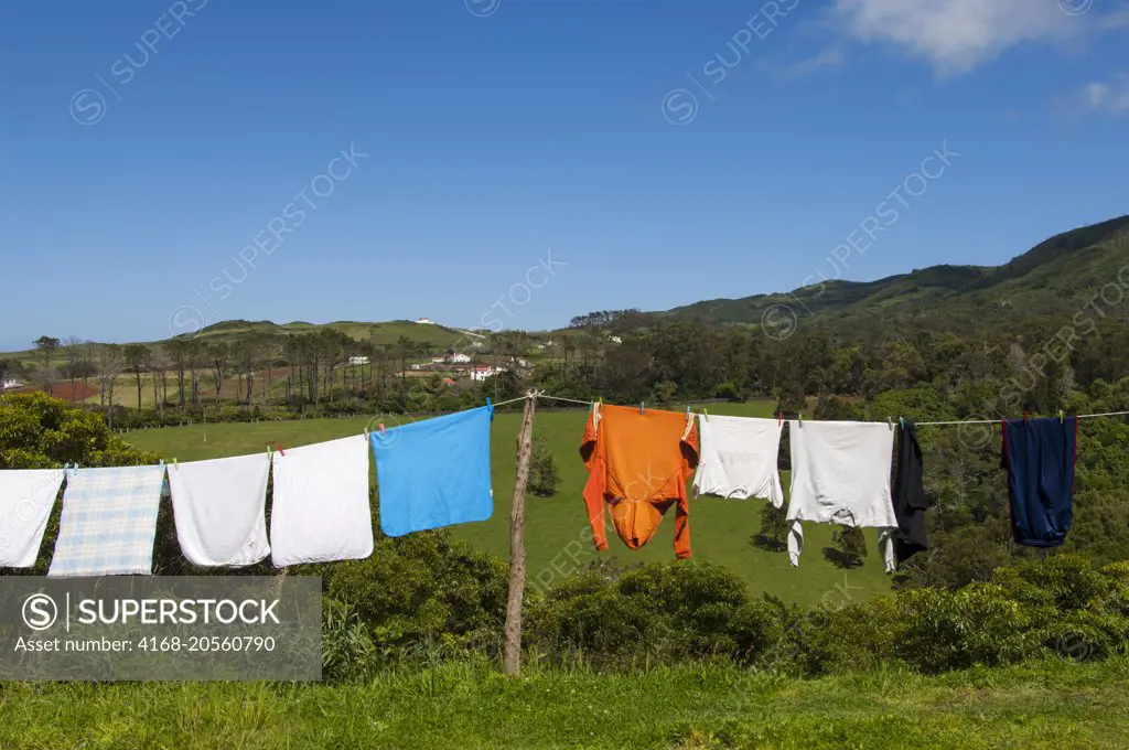 Laundry is drying in pasture on Santa Maria Island in the Azores, Portugal.