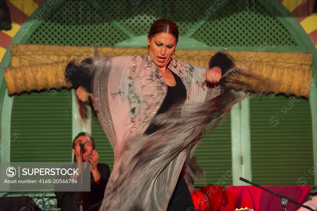 Dancers and musicians performing the Flamenco, a form of Spanish folk music and dance, during a dinner show in Seville, Andalusia, Spain.