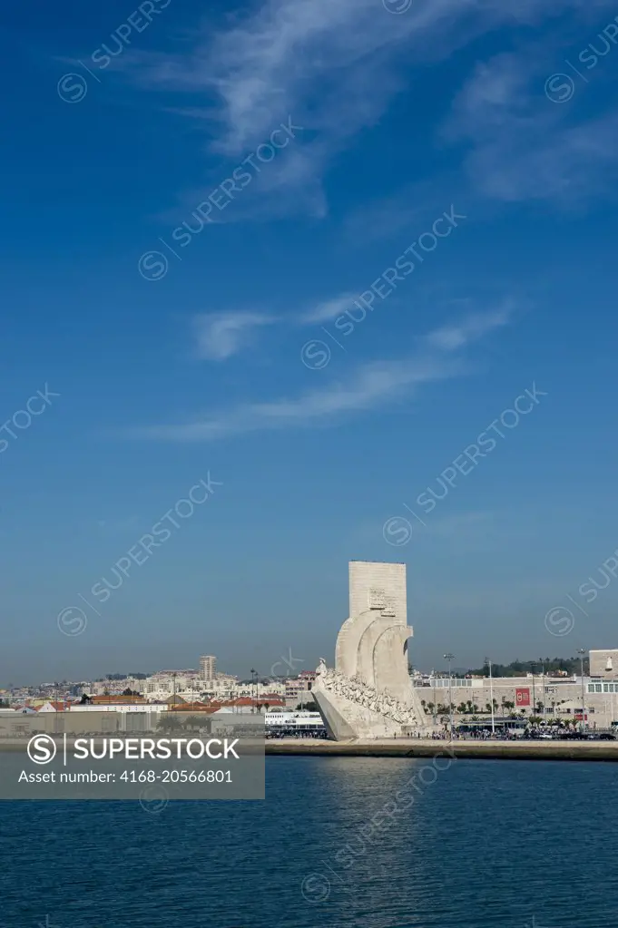 View of the Monument to the Discoveries from the Tagus River in Lisbon, the capital city of Portugal.