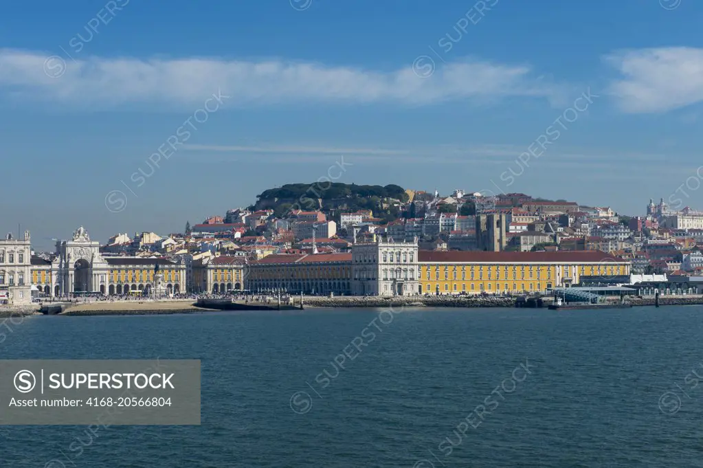 View from the Tagus River of Lisbon, the capital city of Portugal with the Lisbon Square and the old city Alfama.