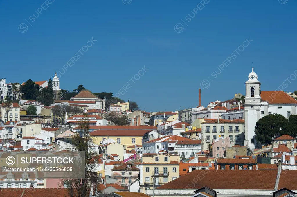View from the Tagus River of Lisbon, the capital city of Portugal with the old city Alfama.