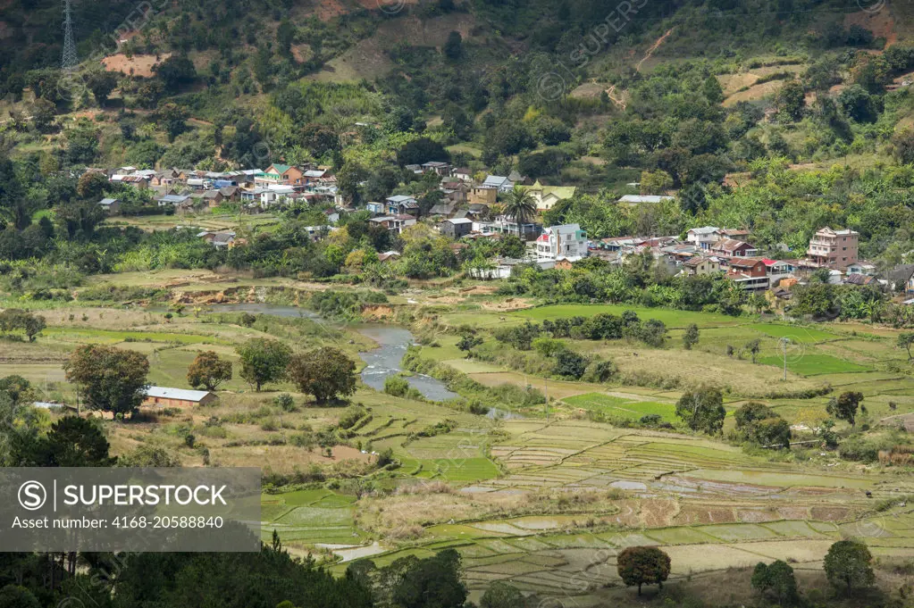 View of small town (near Mandraka) in the highlands along highway No. 2 east of Antananarivo, near Moramanga, Madagascar.