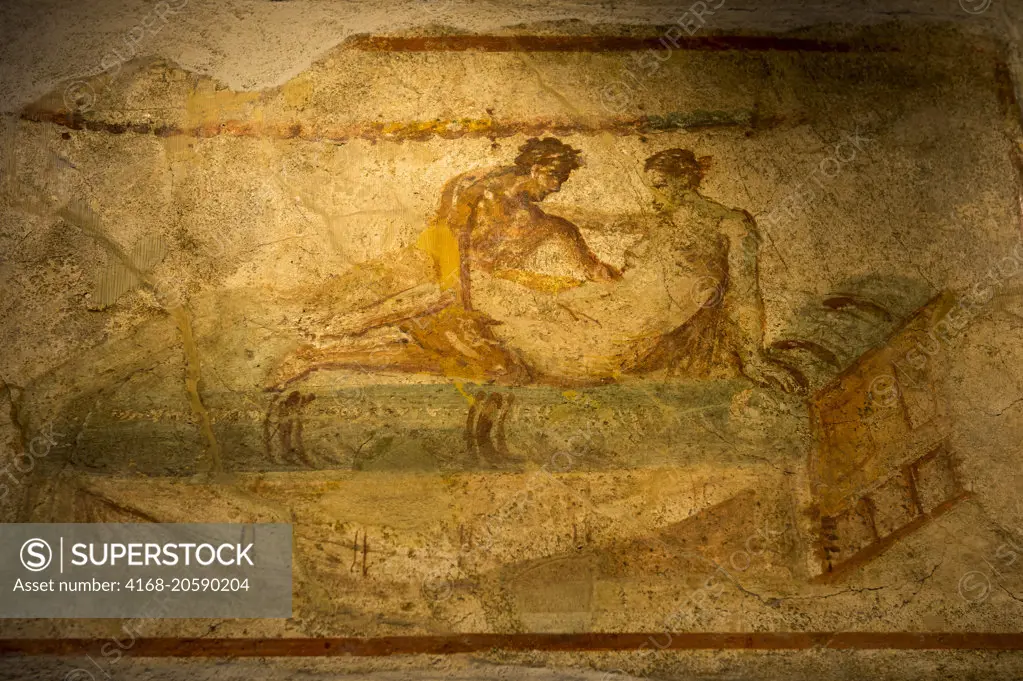Illustrated scenes of sexual acts advertising the specialities of the resident prostitutes at the Lupanar which was the official brothel of Pompeii, Italy.