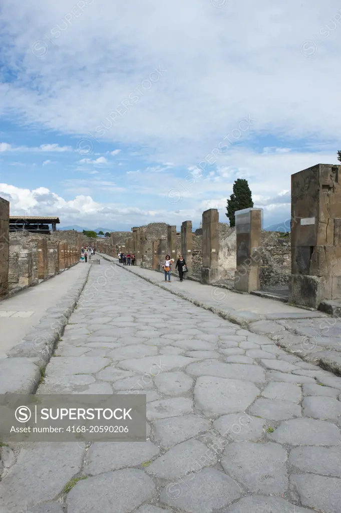 A paved street of Pompeii near modern Naples in the Italian region of Campania.