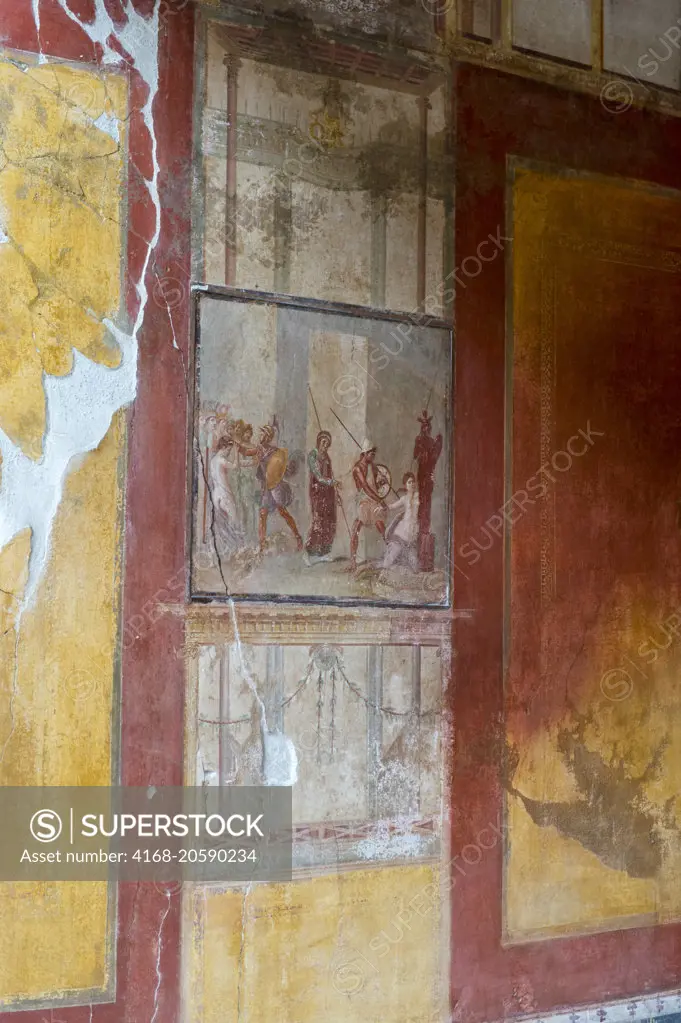 The fresco on the wall of the House of Menander in Pompeii near modern Naples in the Italian region of Campania.