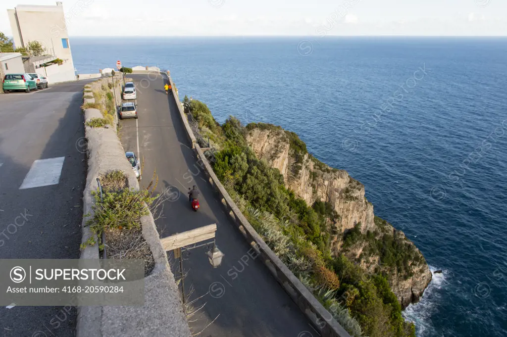 The coastal road along the Amalfi Coast is very narrow as seen here in Praiano, a community of the province of Salerno in the Campania region of southwest Italy.