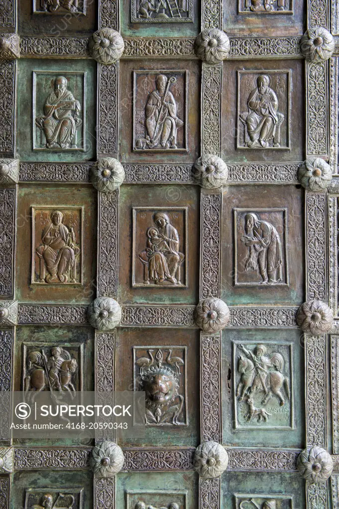 Detail of the bronze door of the Cathedral (built in 1087) of Ravello, a town above the Amalfi Coast, Italy.