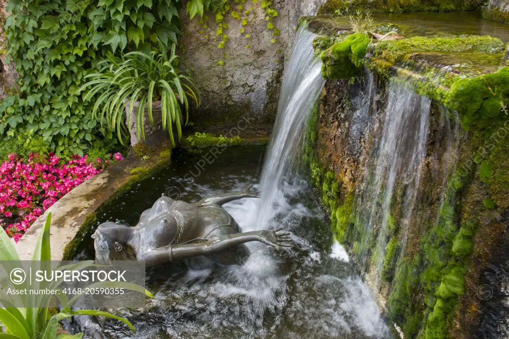 Waterfall with statue of nude woman at the Hotel Palazzo Avino in Ravello, a town above the Amalfi Coast, Italy.