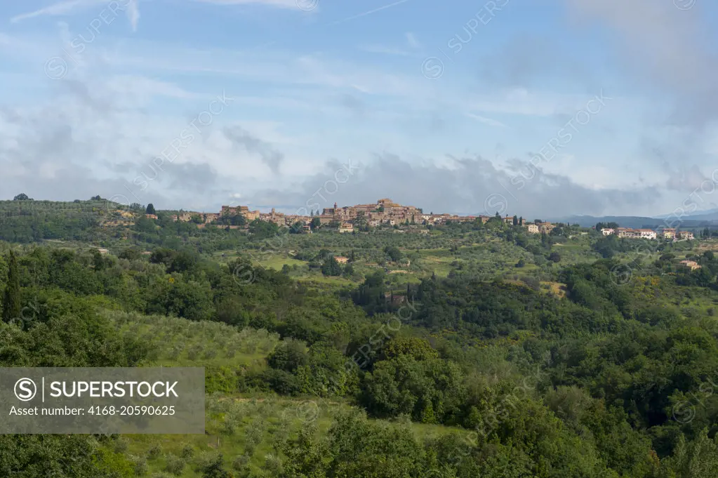 View of a medieval town on a hill near Pienza in Tuscany, Italy.