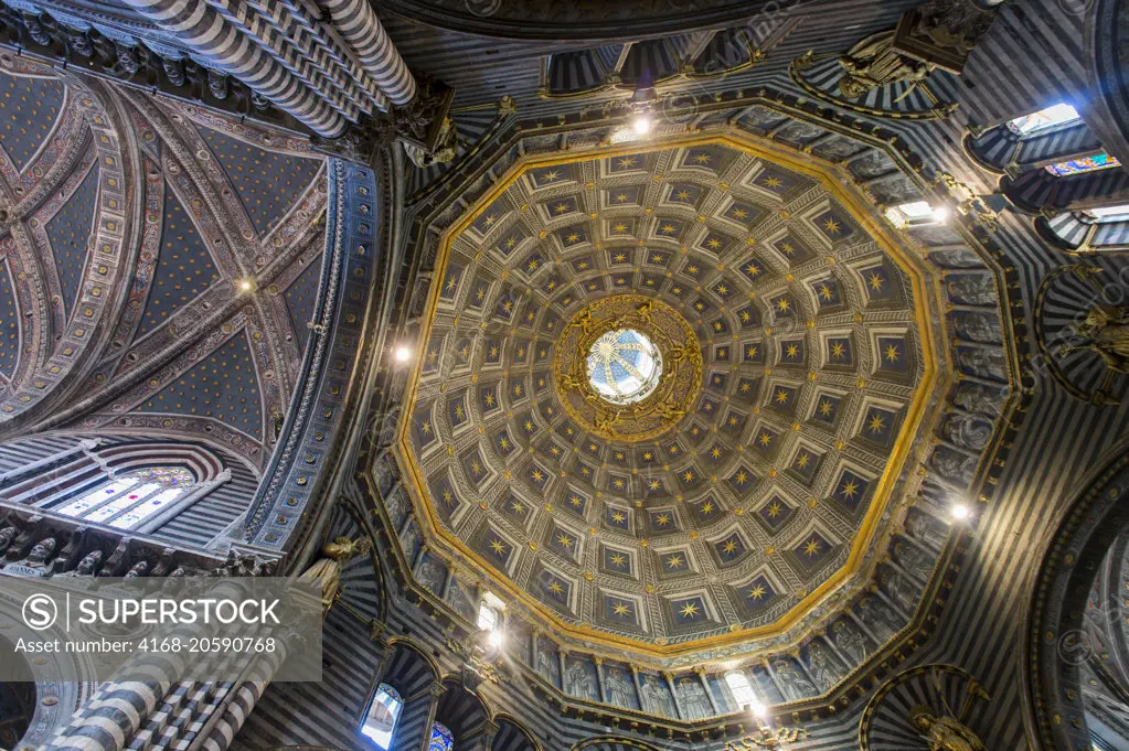 View of the dome in the interior of the Siena Cathedral di Santa Maria, better known as the Duomo, in Siena, Tuscany, Italy.