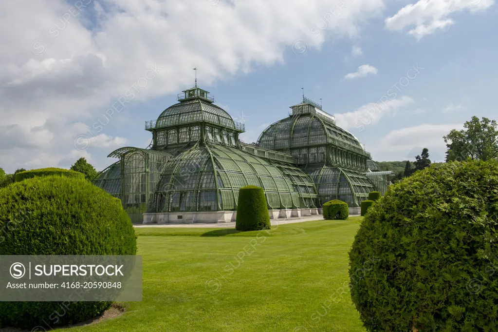 Greenhouses (Palmenhaus) in the garden at Schönbrunn Palace in Vienna, Austria.