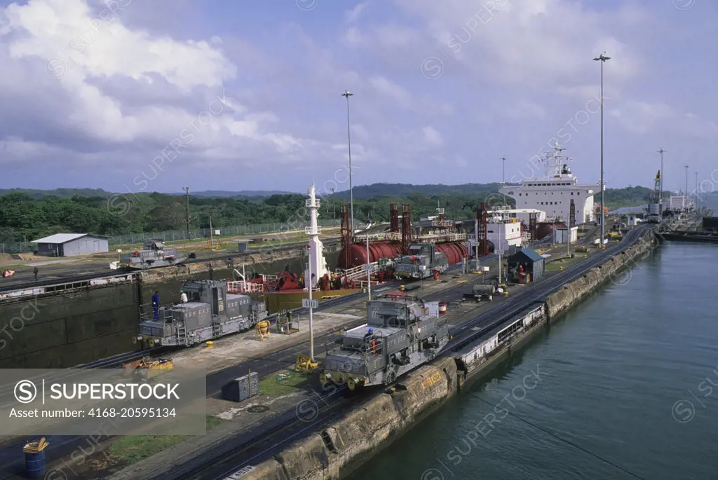 Ships in the Gatun Locks of the Panama Canal near Colon in Panama.
