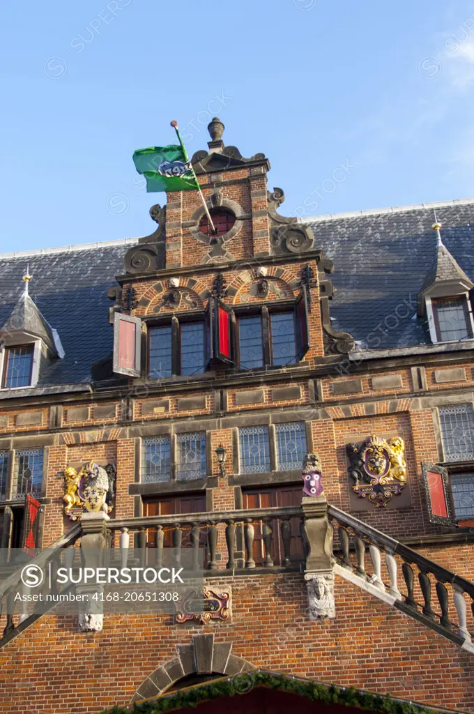 View of the old building De Waag, the customs house where they weighed the imported goods to calculate the taxes in Nijmegen in the Netherlands (Holland).