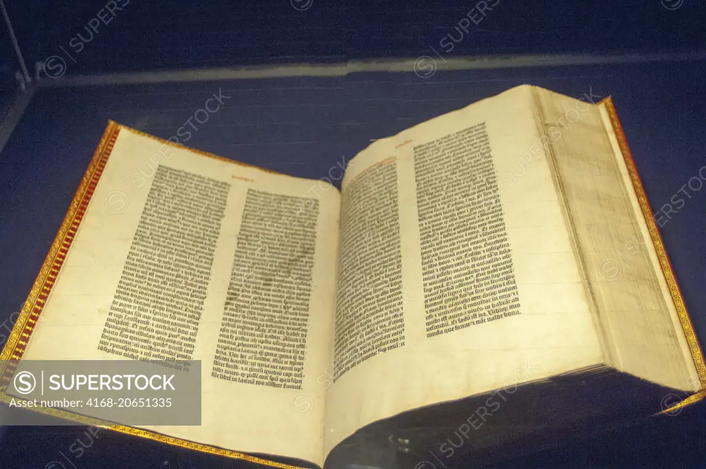 An original Gutenberg bible on display in the Gutenberg Museum in the old town of Mainz in Germany.